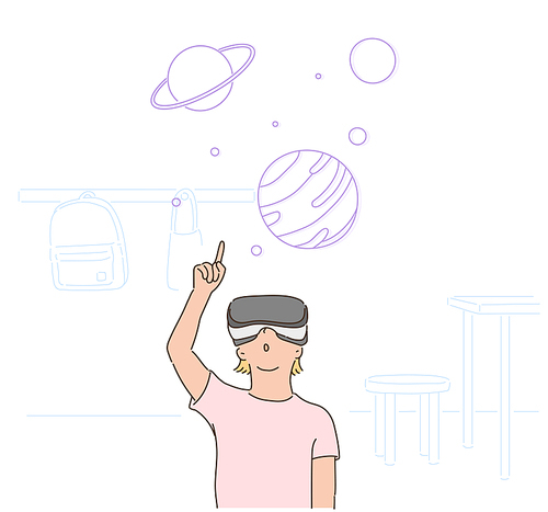 VR 안경을 쓰고 가상 우주를 보고 있는 어린이. 손그림 스타일 일러스트레이션.