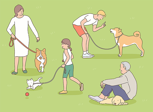 개와함께 공원을 산책하는 사람들. 손그림 스타일 일러스트레이션.