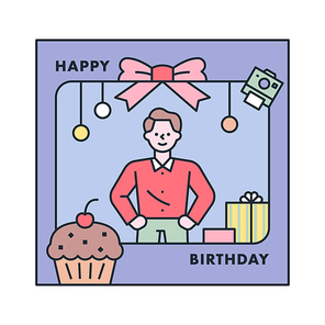 한 남자의 생일 기념 즉석 사진와 스티커 아이콘들 꾸미기.