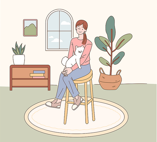 한 여성이 작은 개를 안고 의자에 앉아있다. 심플한 벡터 스타일의 일러스트레이션.