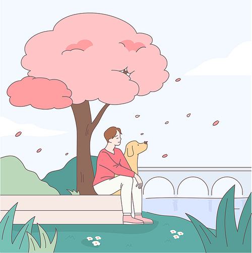 남자와 개가 공원 나무 아래 앉아 꽃잎을 보고 있다. 심플한 벡터 스타일의 일러스트레이션.