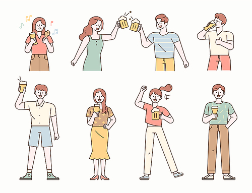 맥주잔을 들고 마시고 있는 사람들 캐릭터 모음. 심플한 벡터 스타일의 일러스트레이션.