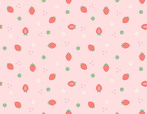 작고 귀여운 딸기와 꽃과 나뭇잎이 흩어져 있는 심플 패턴 배경 디자인.