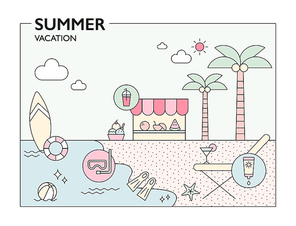 해변의 여름 휴가 엽서 일러스트레이션. 심플한 벡터 스타일의 일러스트레이션.