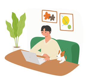 한 남성이 소파에 앉아 개와 함께 노트북을 보고 있다. 심플한 벡터 스타일의 일러스트레이션.