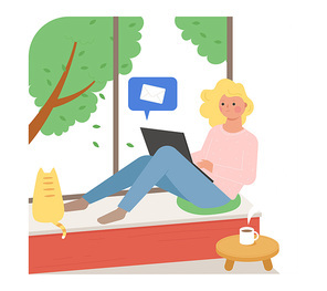 한 여성이 창가에 앉아 노트북으로 메일을 보내고 있다. 심플한 벡터 스타일의 일러스트레이션.