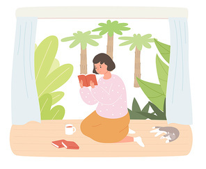 한 여성이 마루에 앉아 책을 읽고 있고 그옆에 고양이가 잠들어 있다. 심플한 벡터 스타일의 일러스트레이션.