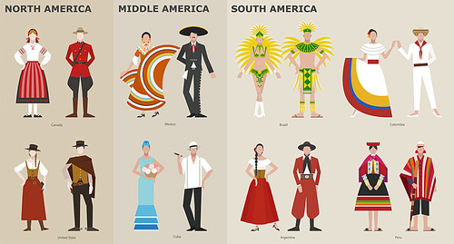 나라별 전통 의상을 입은 캐릭터들 - 아메리카. 심플한 벡터 스타일의 일러스트레이션.