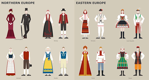나라별 전통 의상을 입은 캐릭터들 - 유럽. 심플한 벡터 스타일의 일러스트레이션.