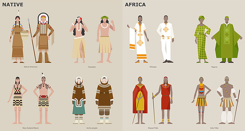 나라별 전통 의상을 입은 캐릭터들 - 원주민, 아프리카. 심플한 벡터 스타일의 일러스트레이션.