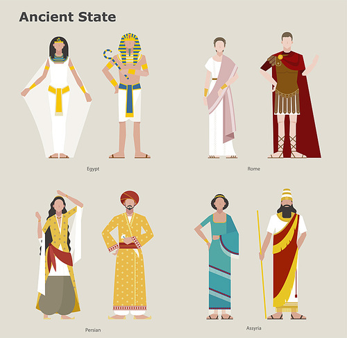 나라별 전통 의상을 입은 캐릭터들 - 고대국가. 심플한 벡터 스타일의 일러스트레이션.
