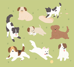 귀여운 작은 개들이 잔디밭을 뛰놀고 있다. 손그림 스타일 일러스트레이션.