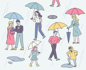 거리의 많은 사람들이 우산을 쓰고 걷고 있다. 심플한 벡터 스타일의 일러스트레이션.