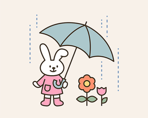 귀여운 토끼가 꽃에게 우산을 씌워주고 있다. 심플한 벡터 스타일의 일러스트레이션.