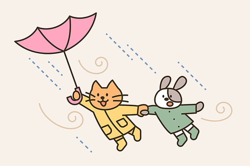 귀여운 고양이와 개가 손을 잡고 바람에 날아가고 있다. 심플한 벡터 스타일의 일러스트레이션.