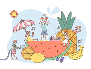 거대한 과일 주변에 사람들이 여름을 즐기고 있다. 심플한 벡터 스타일의 일러스트레이션.