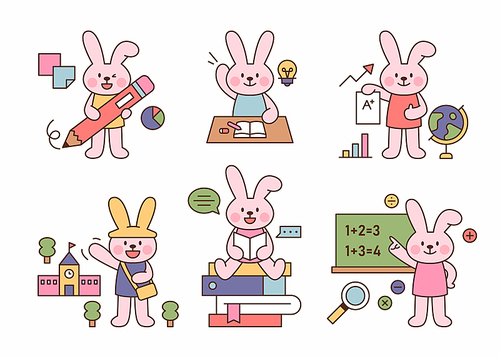 귀여운 토끼학생 캐릭터. 토끼가 학교에서 공부를 하고 있다.