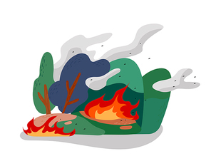 산이 불타고 연기가 피어오르고 있다. 심플한 벡터 스타일의 일러스트레이션.