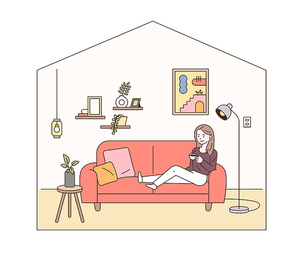 모던한 거실 인테리어. 한여성이 소파에 편안하게 앉아서 쉬고 있다. 심플한 벡터 스타일의 일러스트레이션.