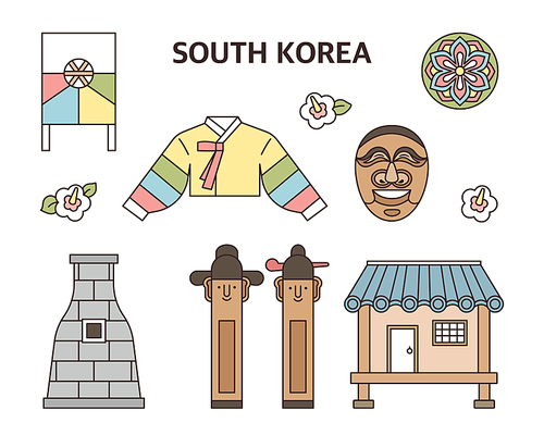 한국 전통 아이콘 모음. 벡터 스타일의 일러스트레이션.