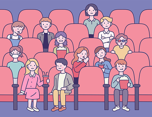극장에 앉아 영화를 보는 관객들. 심플한 벡터 스타일의 일러스트레이션.