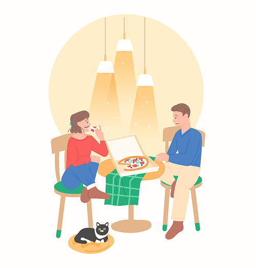 남자와 여자가 테이블에 앉아 함께 피자를 먹고 있다.