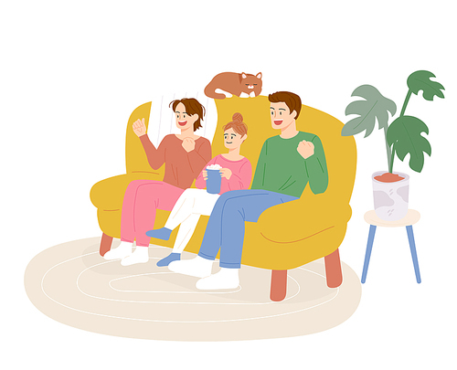 가족들이 소파에 둘러앉아 함께 영화를 보고 있다.