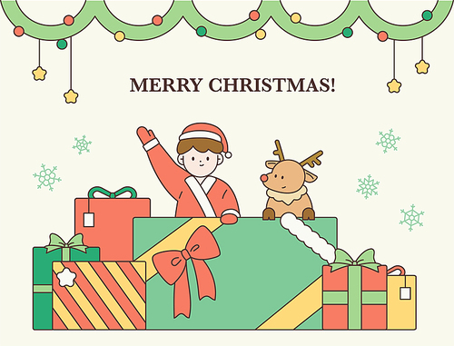 크리스마스 산타 옷을 입은 소년과 순록이 커다란 선물상자 위에서 인사하고 있다.