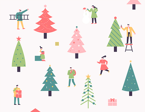 다양한 무늬의 크리스마스 트리와 사람들 . 심플 패턴 스타일.