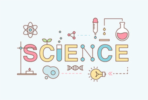 과학 아이콘들고 SCIENCE 텍스트를 만들고 있다. 심플한 벡터 스타일의 일러스트레이션.