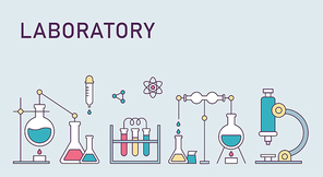 과학 실험 도구들이 나열되어 있다. 심플한 벡터 스타일의 일러스트레이션.