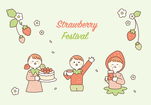 딸기 축제 포스터. 귀여운 캐릭터들이 딸기로 만든 디저트를 들고 있다. 심플한 벡터 스타일의 일러스트레이션.