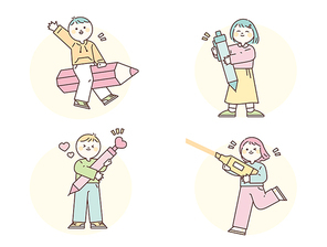 귀여운 아이들이 커다란 연필을 들고 있다. 심플한 벡터 스타일의 일러스트레이션.