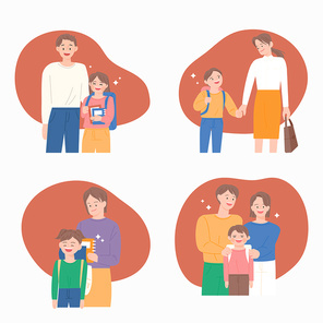 부모님 손을 잡고 학교를 가는 신입생. 심플한 벡터 스타일의 일러스트레이션.