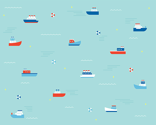 에메랄드빛 바다에 작고 귀여운 배들이 떠있다. 심플 패턴 배경 디자인.