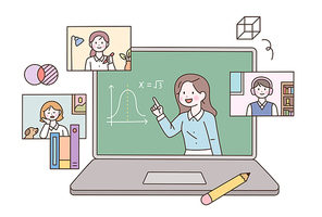 컴퓨터 화면의 선생님이 수업을 하고 있고 학생들이 온라인으로 듣고 있다. 심플한 벡터 스타일의 일러스트레이션.