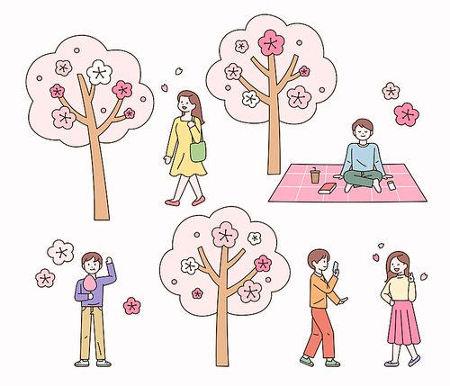 벚꽃이핀 공원에 사람들이 휴식을 즐기고 있다. 심플한 벡터 스타일의 일러스트레이션.
