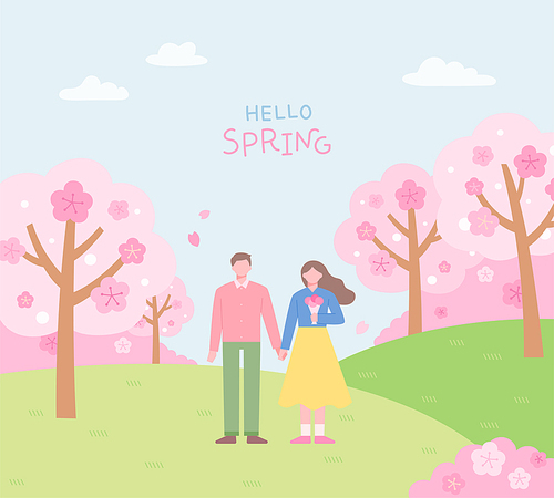 벚꽃이핀 공원에 커플이 서있다. 심플한 벡터 스타일의 일러스트레이션.