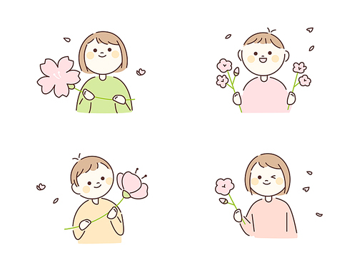 동그란 얼굴의 귀여운 캐릭터들이 벚꽃을 손에 들고 있다. 심플한 벡터 스타일의 일러스트레이션.