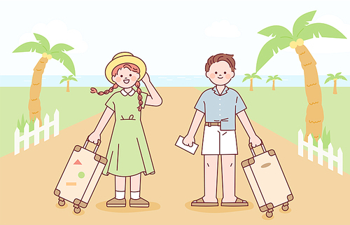 여름 휴가를 떠난 커플이 여행가방을 들고 해변배경에 서있다. 심플한 벡터 스타일의 일러스트레이션.