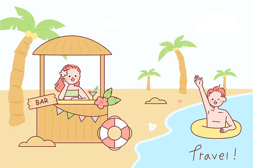 하와이 해변. 수영하는 남자와 칵테일바에 앉아있는 여자. 심플한 벡터 스타일의 일러스트레이션.