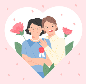 하트프레임 속에 엄마와 딸. 어버이날 엄마가 가슴에 카네이션을 꽂고 미소짓다. 손그림 스타일 벡터 일러스트레이션.