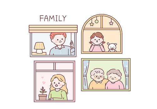 가족들이 각자의 방에서 창문밖을 보고 있다. 심플한 벡터 스타일의 일러스트레이션.