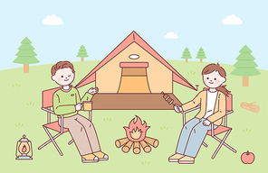 커플이 텐트를 치고 캠핑을 하며 꼬치구이를 구워먹고 있다. 심플한 벡터 스타일의 일러스트레이션.