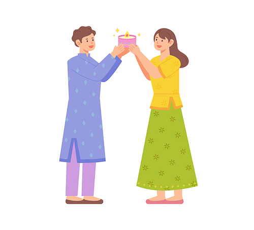 인도 전통의상을 입은 남자와 여자가 등불을 함께 들고 있다. 심플한 벡터 스타일의 일러스트레이션.