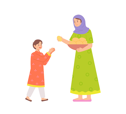 히잡을 쓰고 인도 전통 의상을 입은 엄마가 아이에게 바구니에든 음식을 건네주고 있다. 심플한 벡터 스타일의 일러스트레이션.