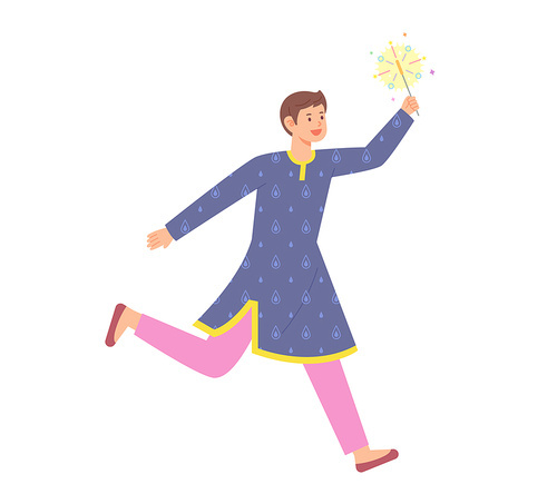 인도 전통의상을 입은 남성이 손에 불꽃놀이를 들고 즐겁게 뛰어아고 있다. 심플한 벡터 스타일의 일러스트레이션.