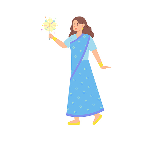 인도 전통 의상을 입은 여성이 손에 불꽃놀이를 들고 있다. 심플한 벡터 스타일의 일러스트레이션.