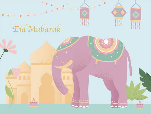 인도 축제 포스터. 귀여운 코끼리와 이슬람 사원. 심플한 벡터 스타일의 일러스트레이션.