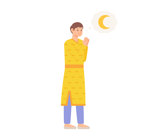 인도 전통의상을 입은 남자가 달을 보며 기도를 하고 있다. 심플한 벡터 스타일의 일러스트레이션.